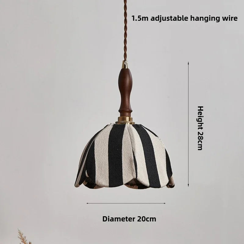 lampe suspendue vintage tissu rayures noire blanche dorée câble ajustable salon chambre