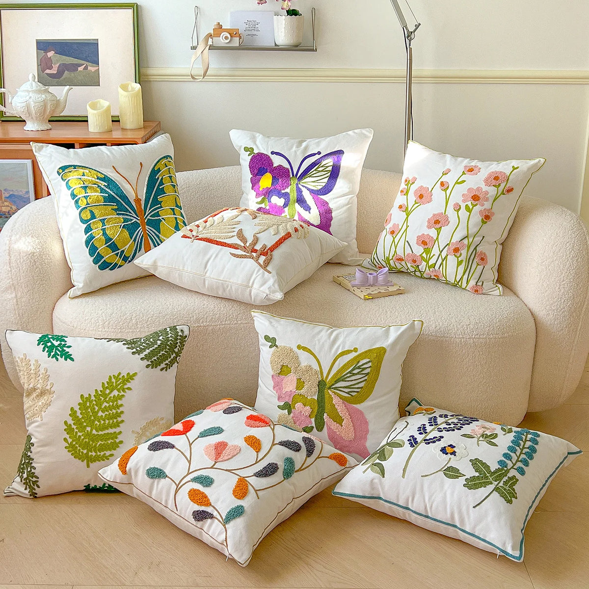 taie d'oreiller carrée fleur motif moderne polyester coton 45x45cm blanc