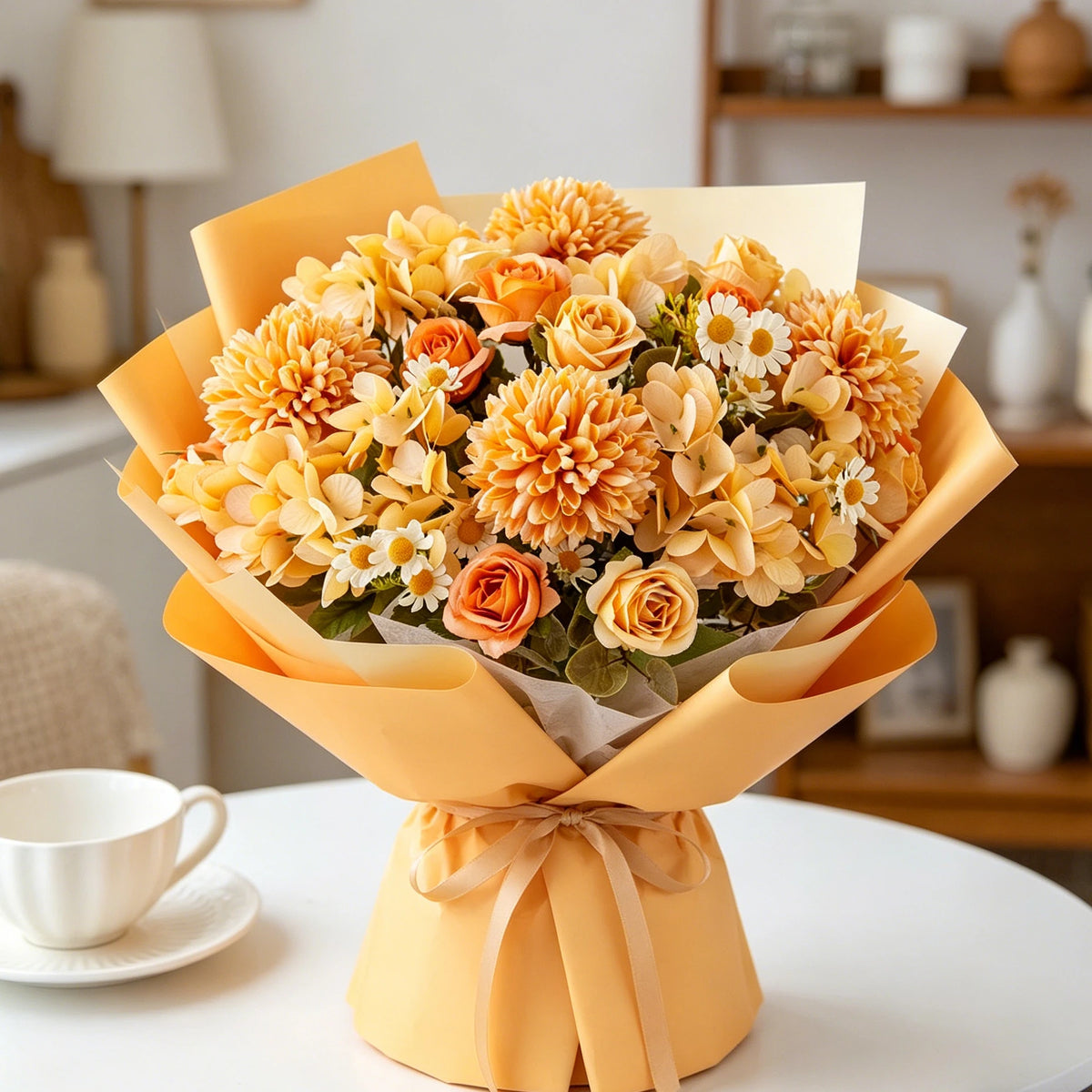 bouquet fleurs artificielles chrysanthèmes roses décoration intérieure mariage anniversaire moderne