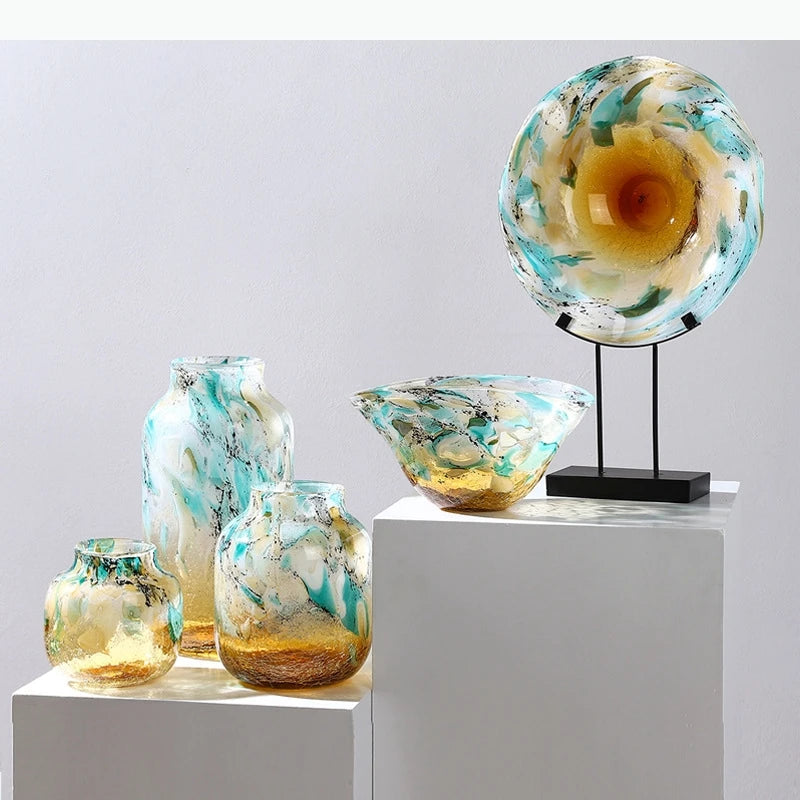 vases modernes marbrés effet craquelé opaques vert blanc jaune doré