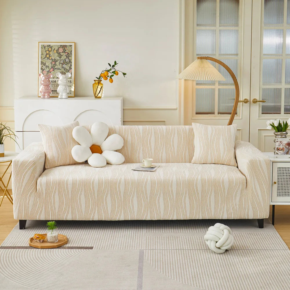 housse canapé moderne polyestère rayures horizontales beige gris clair lavable machine 90 300cm