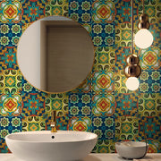 décoration murale autocollants imitation carreaux céramique motifs floraux géométriques bleu foncé orange vintage 15cm