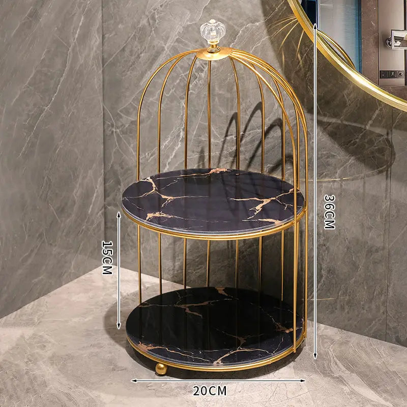 cage bijoux moderne or noir marbre élégante pinceau maquillage flacons cosmétiques diverse ornementalité respectueux
