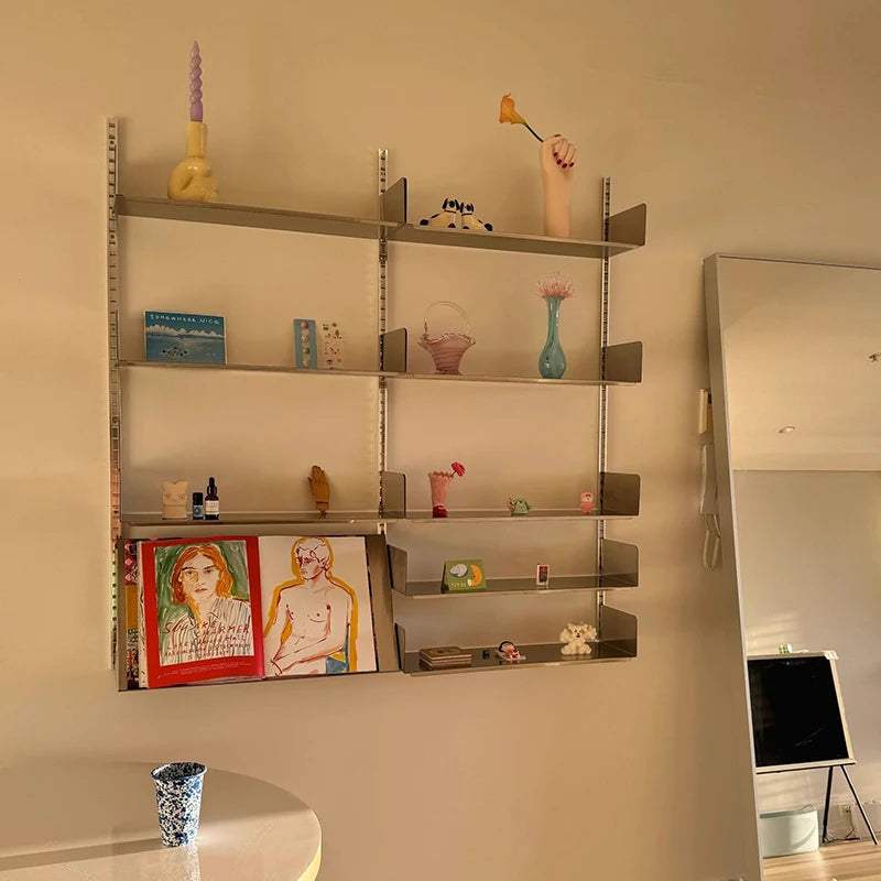 étagère murale modulaire acier inoxydable gris moderne livres cadres vases bougies