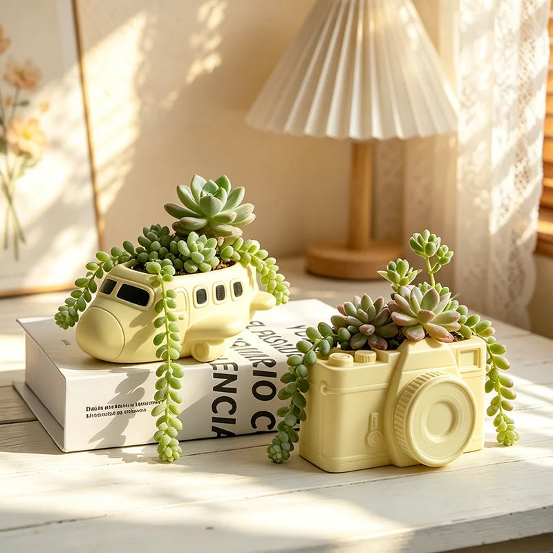 pots fleurs résine forme avion dessin animé plante succulente décoration maison chambre cadeau jaune