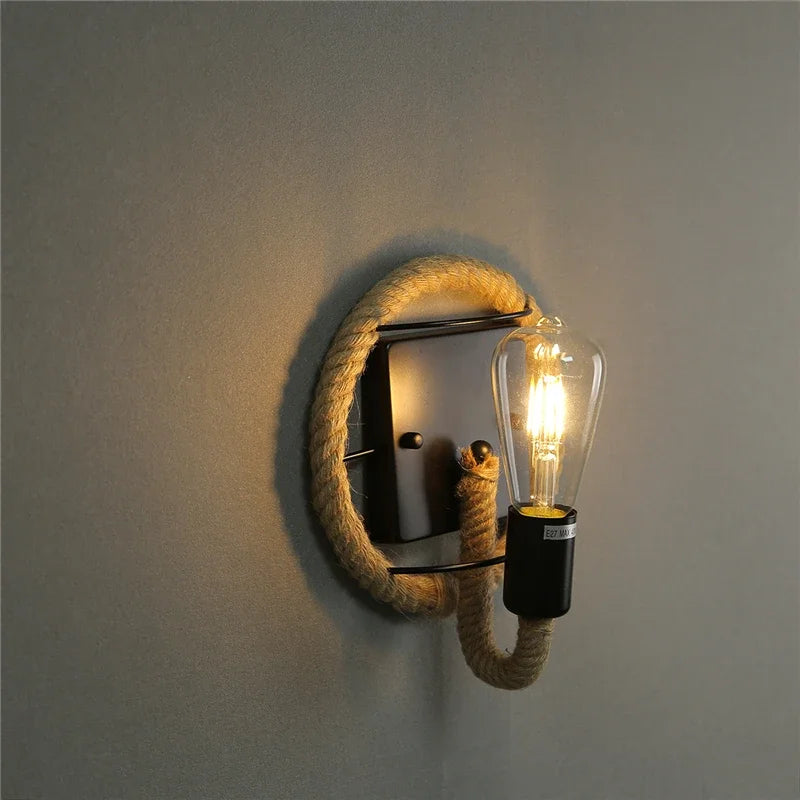 lampe murale industrielle vintage noire beige corde naturelle ampoule E27 40W