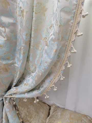 rideau épais dentelle floral rose bleu doré classique salon chambre fenêtre opacité pompons
