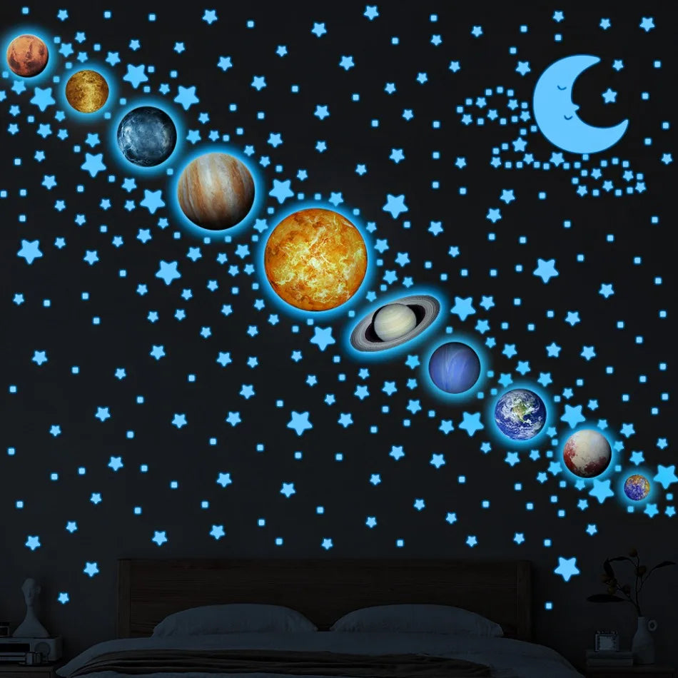 stickers muraux planètes étoiles lune géométriques vert bleu fluo chambre enfants décoration autoadhésive bricolage