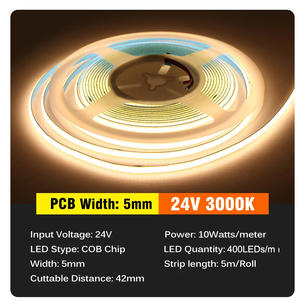 ruban led cob blanc 3mm 5mm 12v 24v lisse moderne connecteurs 5mètres rouleau