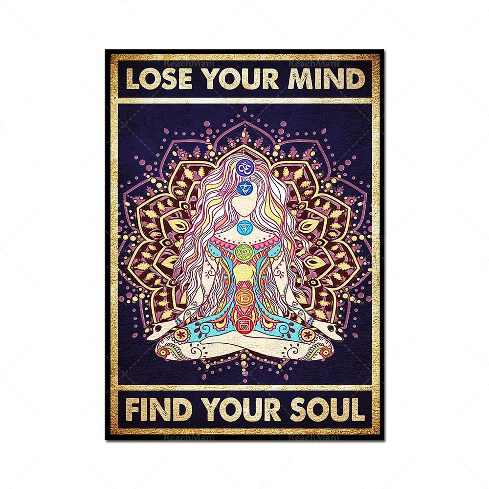 Affiche avec un dessin d'une femme assise en position de méditation sur un mandala doré, avec le texte "Perds ton esprit, trouve ton âme".