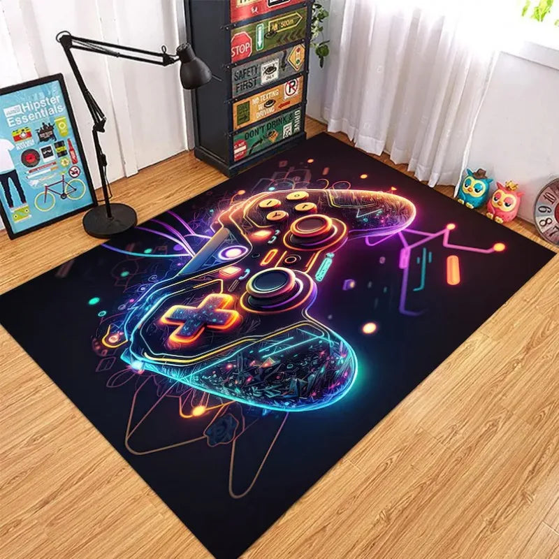 tapis moderne manette jeu colorée noir bleu violet rose jaune blanc