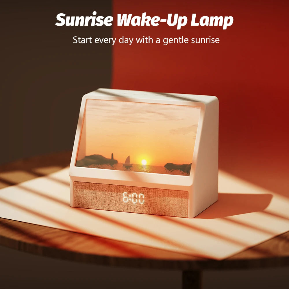 lampe d'éveil veilleuse bluetooth télécommande texture tissée minimaliste lumière ambiance niveaux luminosité blanc gris