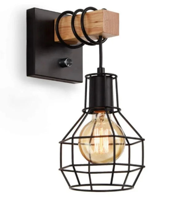 lampe murale industrielle vintage grille métallique ampoule filament noir bois naturel