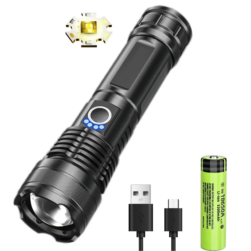 torche rechargeable led puissante zoom camping résistante autodéfense lisse noire