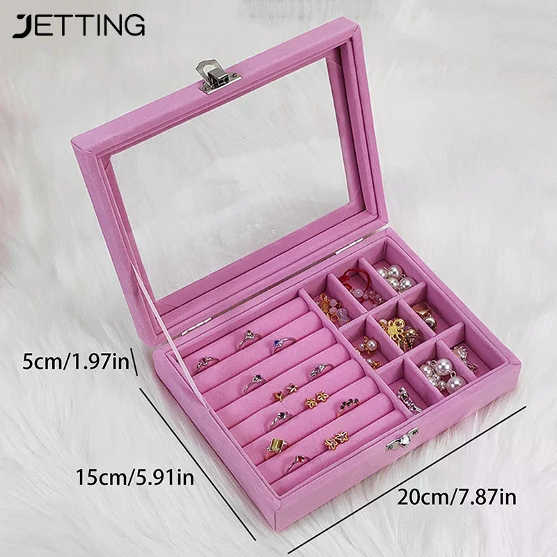 boîte bijoux velours transparent gris rose classique boutons pression rangement colliers bagues