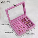 boîte bijoux velours transparent gris rose classique boutons pression rangement colliers bagues