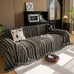 housses canapé moderne rayées tissu épais franges noir beige