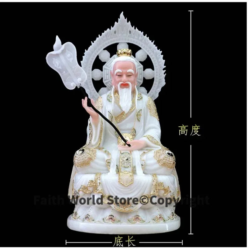 statue divinité asiatique or blanc relief floral traditionnel chinois bouddhiste barbe chapeau plume halo