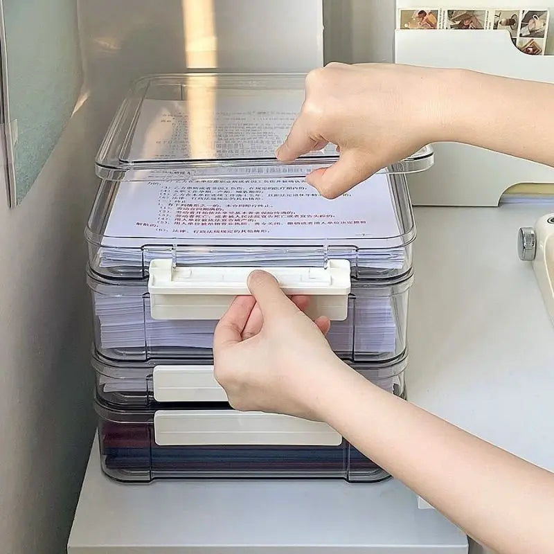 boîtes rangement transparentes empilables poignées blanches modernes documents plastique respectueux environnement