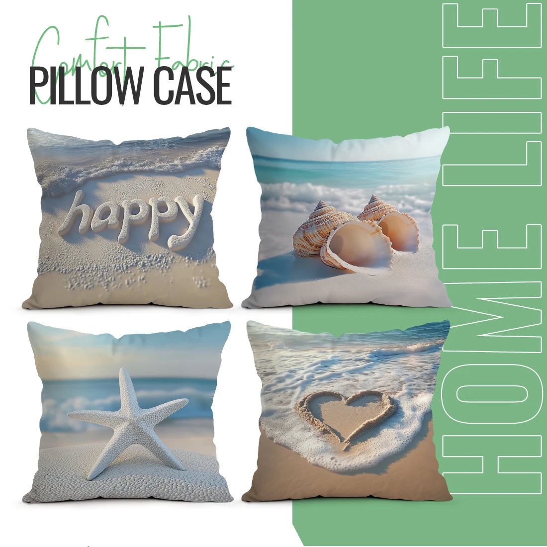 housse coussin plage polyester lettre happy coquillages moderne 40cm 45cm 50cm set decoration chambre