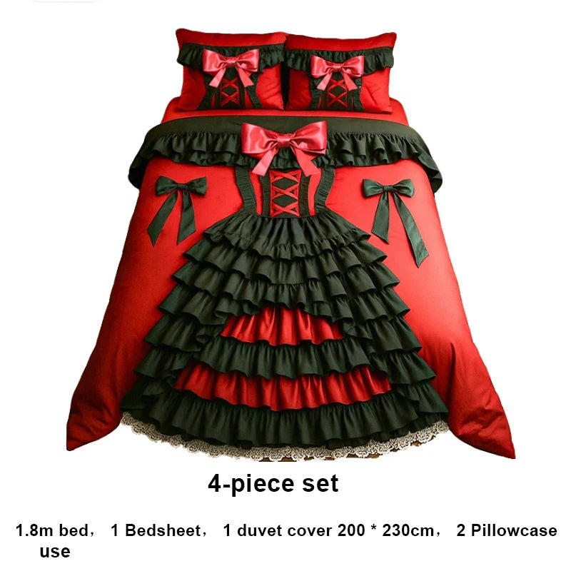 ensemble literie drap housse couette taies oreillers rouge noir gris clair motifs volants rubans