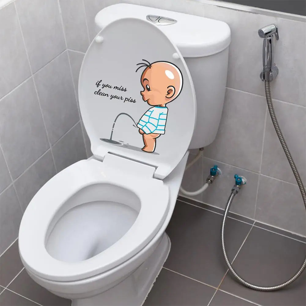 sticker toilette cartoon bébé sous vêtements uriner jet eau texte blague pisse