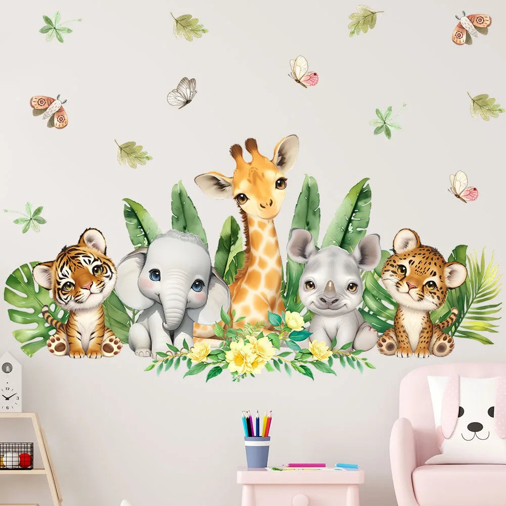 sticker mural animal jungle tigre éléphant girafe feuilles fleurs papillons decoration enfant bedroom salon