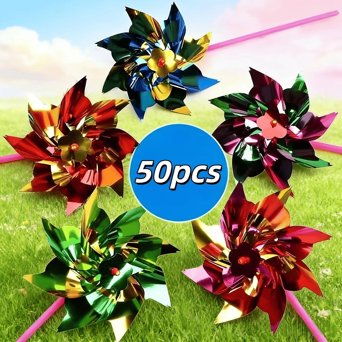 tournebroches pinwheels multicolores métalliques brillants festifs extérieurs décoration jardin fêtes enfants rouges jaunes