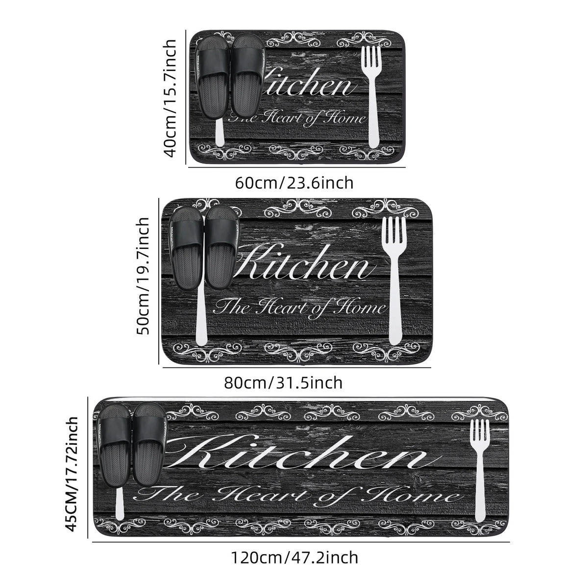 tapis cuisine absorbant antidérapant polyester moderne motif texte cuillères fourchets verres noir blanc