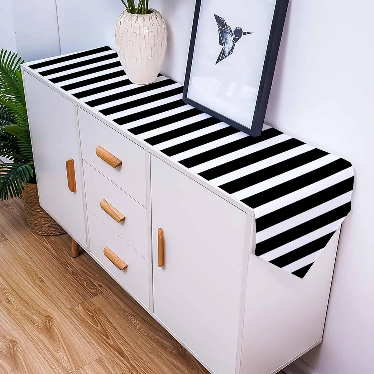 chinois moderne chemin table lin noir blanc rayé