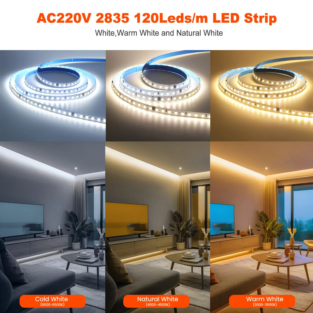 ruban led flexible 120leds/m blanc blanc chaud blanc naturel adhésif moderne 220v 50000heures ip44