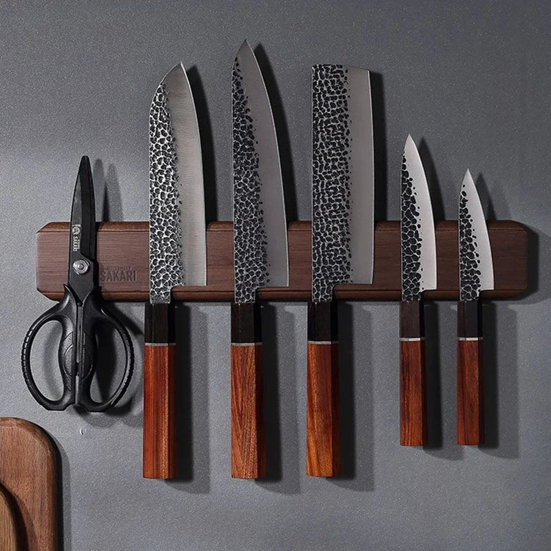 porte couteaux magnétique bois brun foncé couteaux ciseaux moderne respectueux environnement fixations incluses 40cm