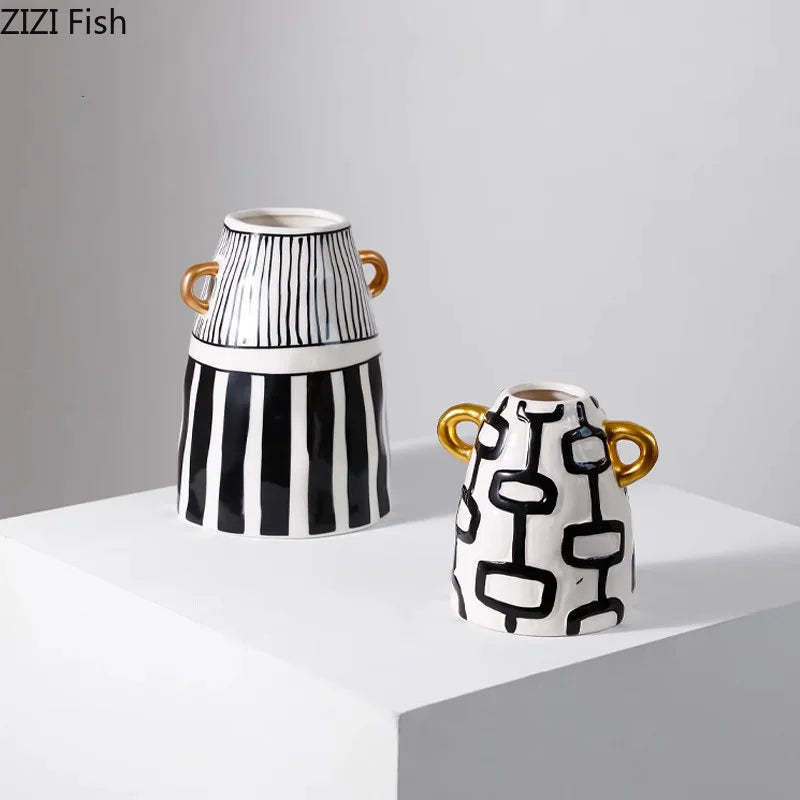 vase céramique rayures noires blanches moderne décoration intérieure arrangement fleurs artificielles minimaliste