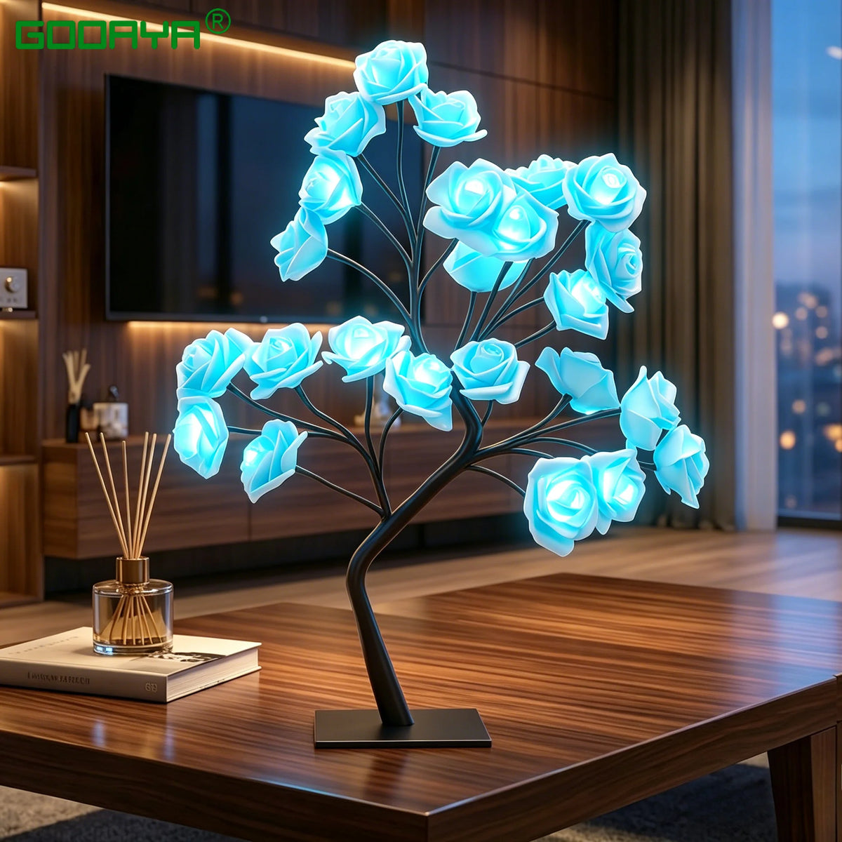 lampe led forme arbre fleurs roses bleu clair noir moderne décoration intérieure saint valentin