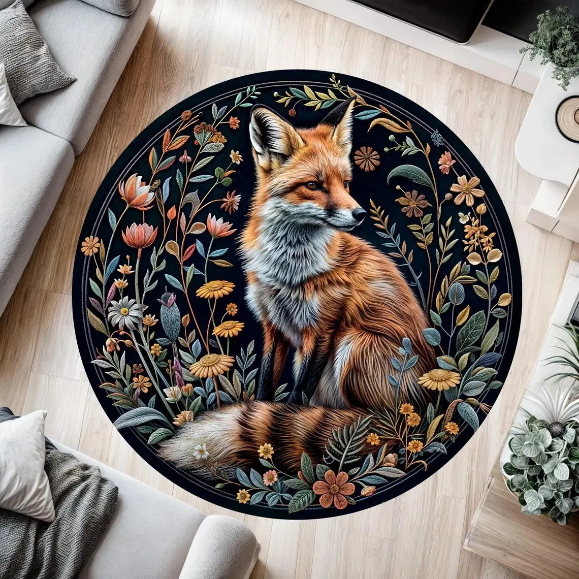 tapis rond floral oiseaux artisanal vintage chambre décoration intérieure polyester lavable joyeux persan
