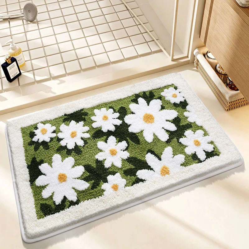 tapis bain fleurs tournesols marguerites blanc jaune vert marron texturé imperméable résistant décoloration