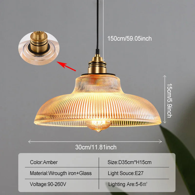 Lampe suspendue vintage vert transparent rayures cordon salon chambre dorée ledambiante