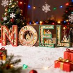 lettres décoratives noël rouge vert artisanal flocons neige manteau étagère affichage bois lumineux