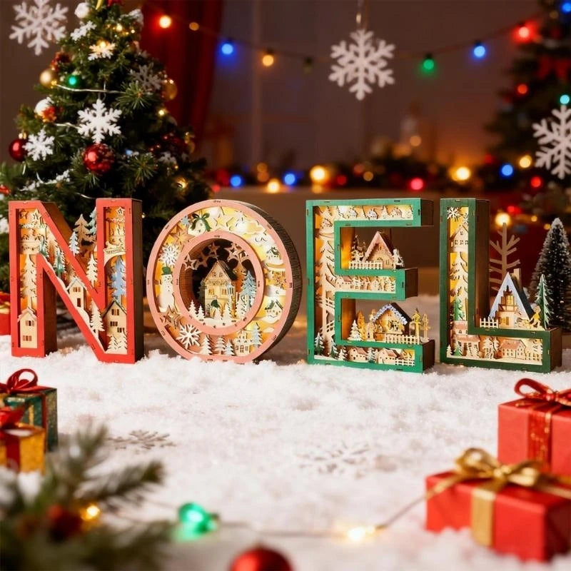lettres décoratives noël rouge vert artisanal flocons neige manteau étagère affichage bois lumineux