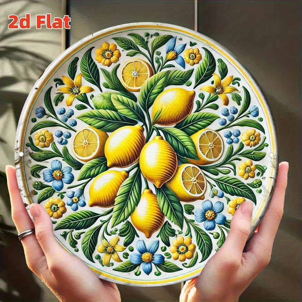 décoration murale plaque artisanale motif floral citrons feuilles fleurs couleurs blanches jaunes vertes bleues