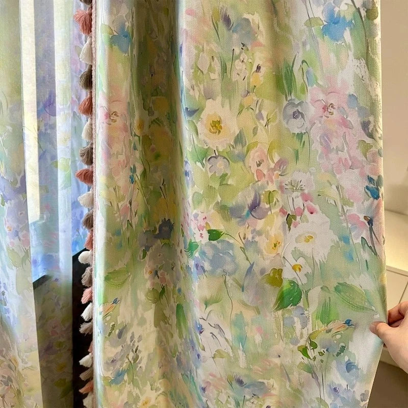 rideau moderne vert motif fleurs feuilles semi transparent pompons salon chambre