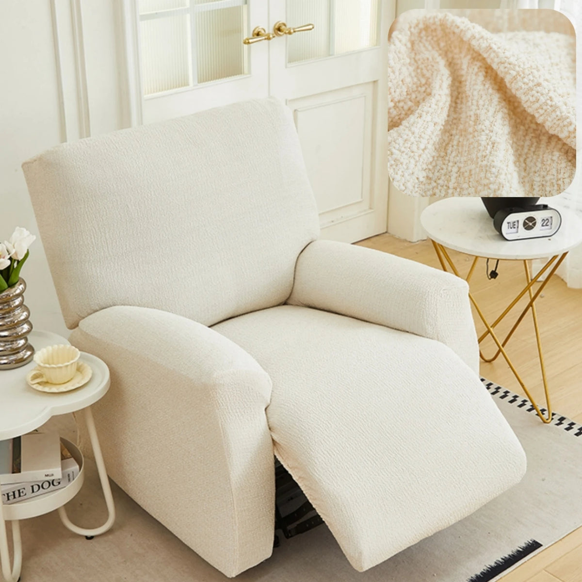 housse fauteuil inclinable beige clair tissu petits points noirs protection siège salon moderne extensible