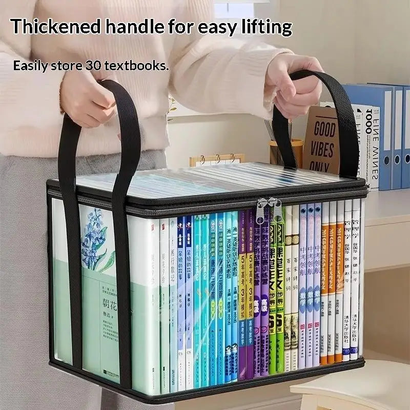boîtes rangement livres transparentes noires modernes poignées fermeture glissière pratique maison étudiante