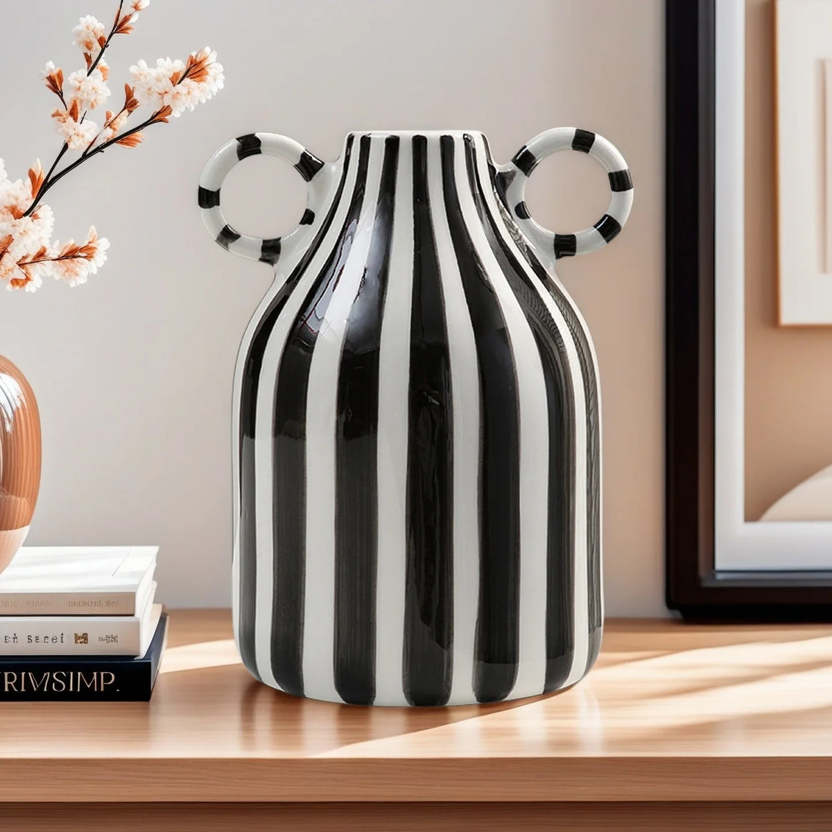 vase moderne céramique rayé bleu clair blanc noir double oreille décoration intérieure fleur hydroponique