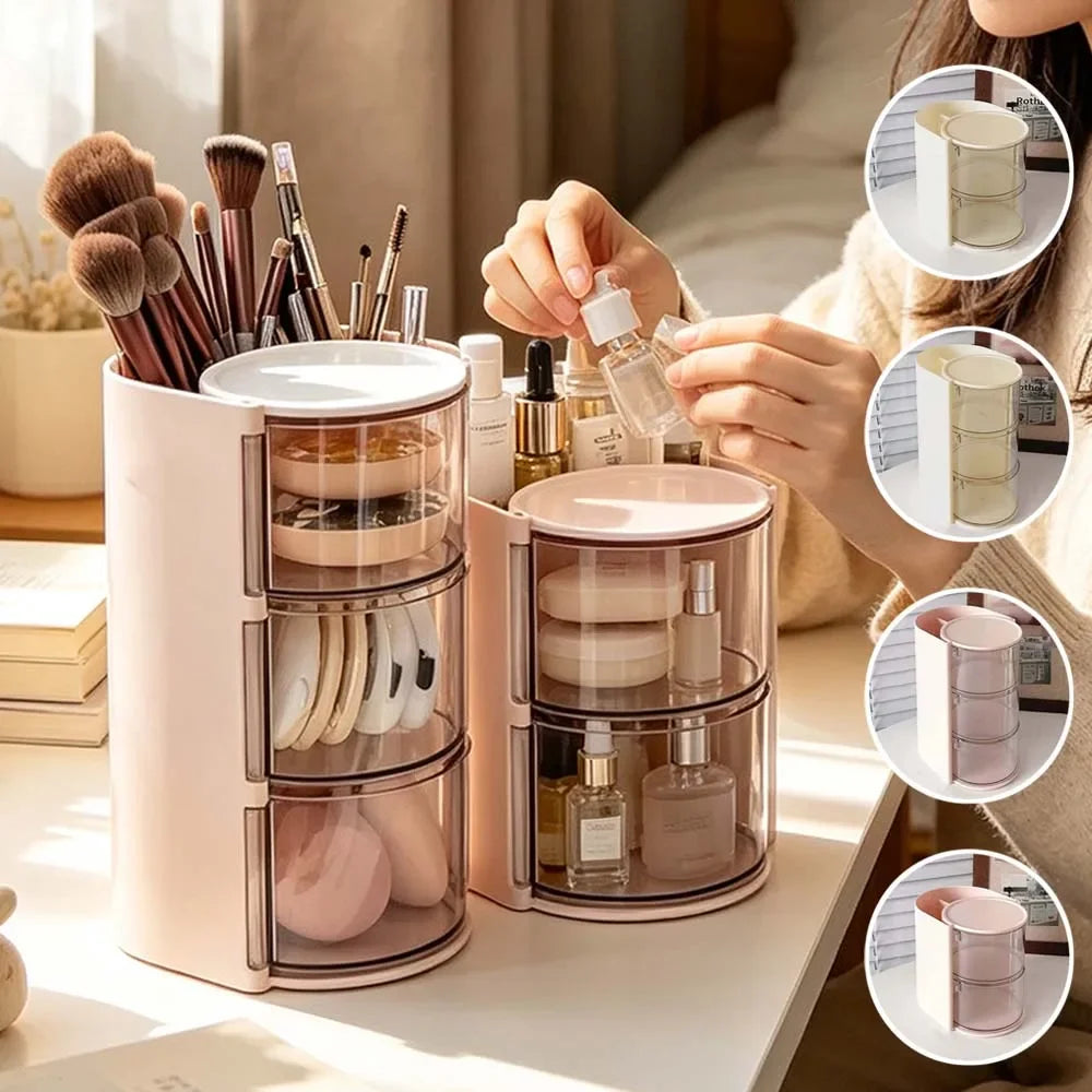 organisateur rotatif transparent moderne rose clair rangement brosse maquillage porte stylos multifonctionnels