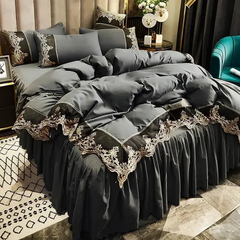 ensemble literie complet couvre lit bleu marine broderie dorée drap taies oreiller classique