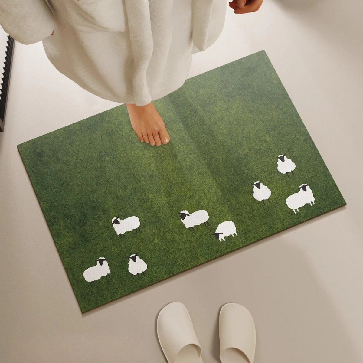 tapis bain antidérapant caoutchouc vert moutons motif moderne minimaliste légèrement rugueux