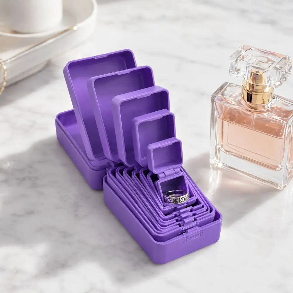boîtes rangement bijoux violet bleu blanc modernes compartiments multiples plastique clips sécurisées