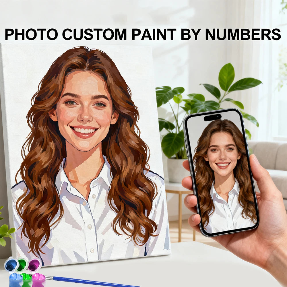 peinture personnalisée numéros cheveux ondulés chemise blanche collection artiste différents opaques toiles variées