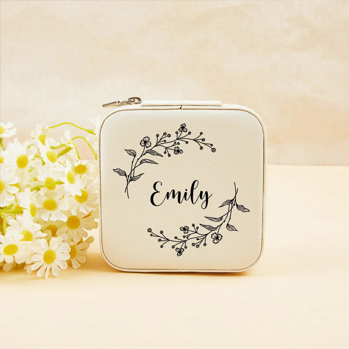 boîte bijoux personnalisation fleurs blanc rose vert moderne élégant zip 10x10cm